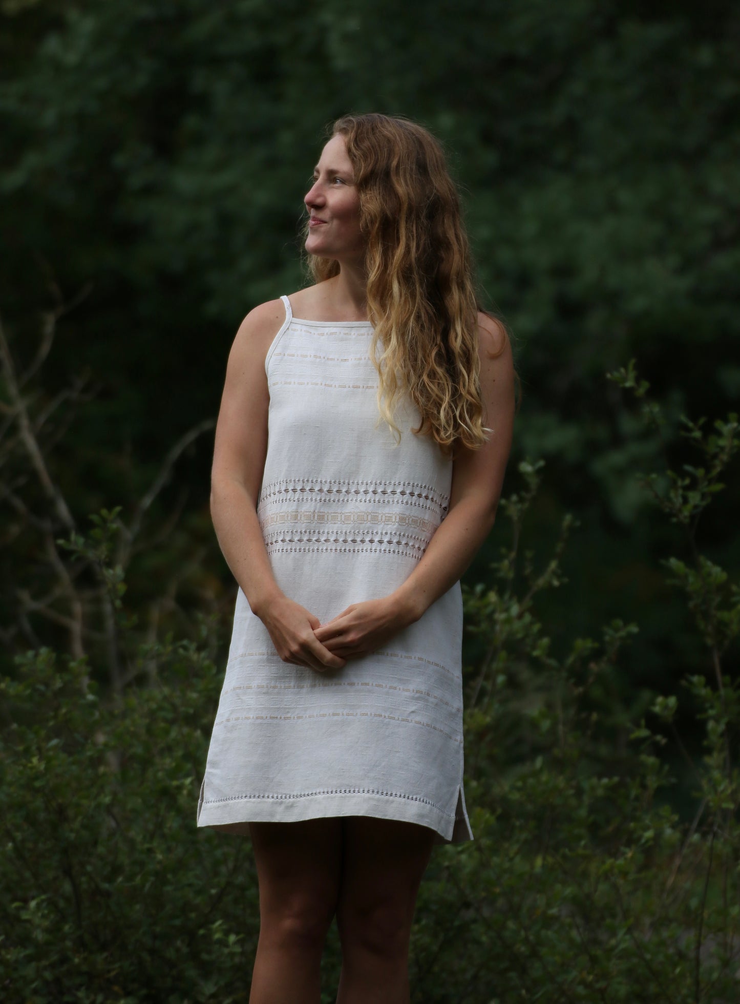 Square neck mini dress with side slits S - natural white tablecloth
