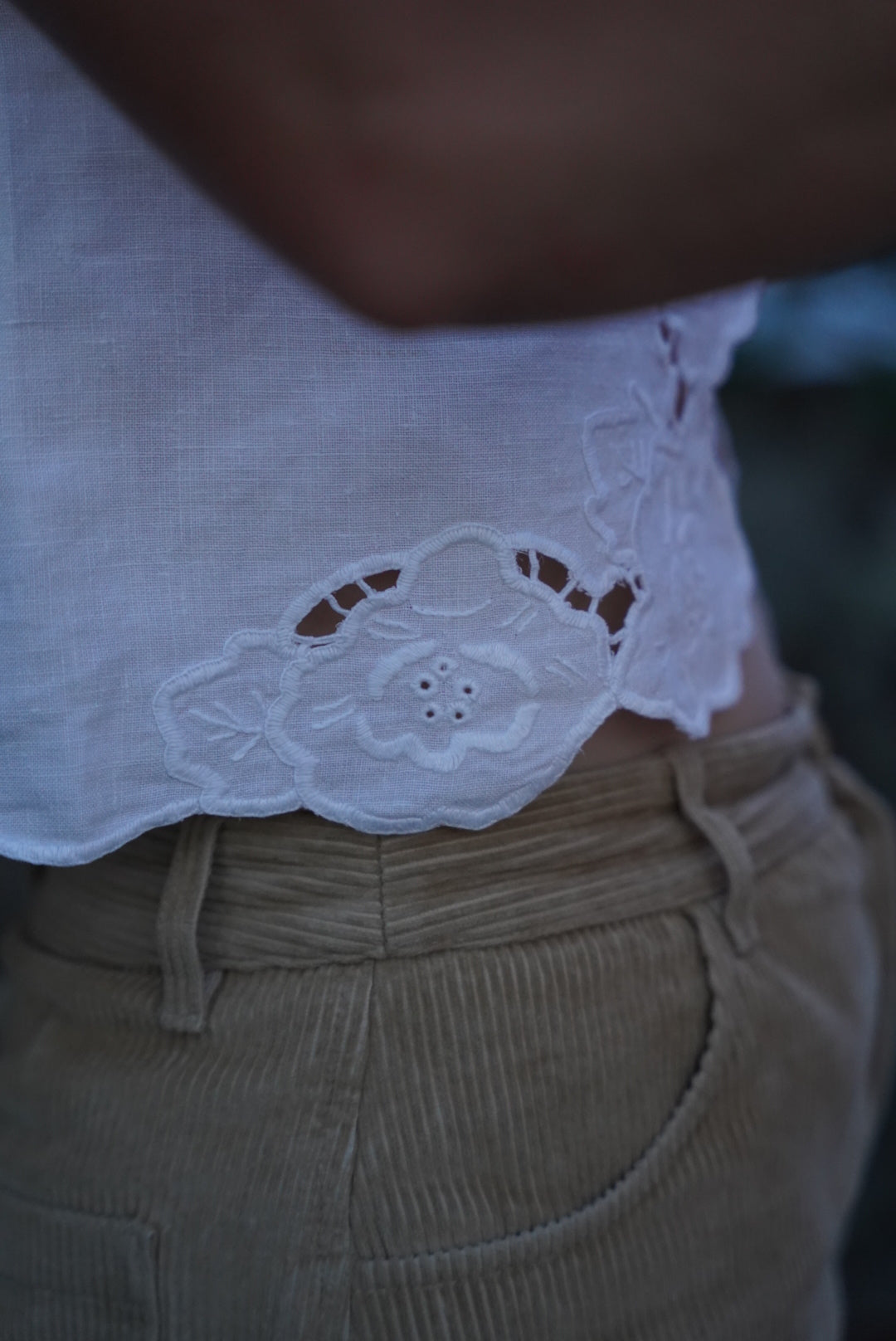 Square neck crop top S - white embroidered linen tablecloth