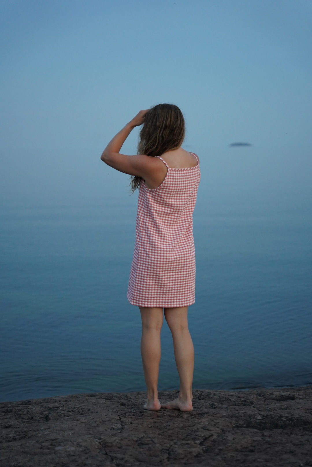 Square neck mini dress S - pink-white gingham cotton curtain