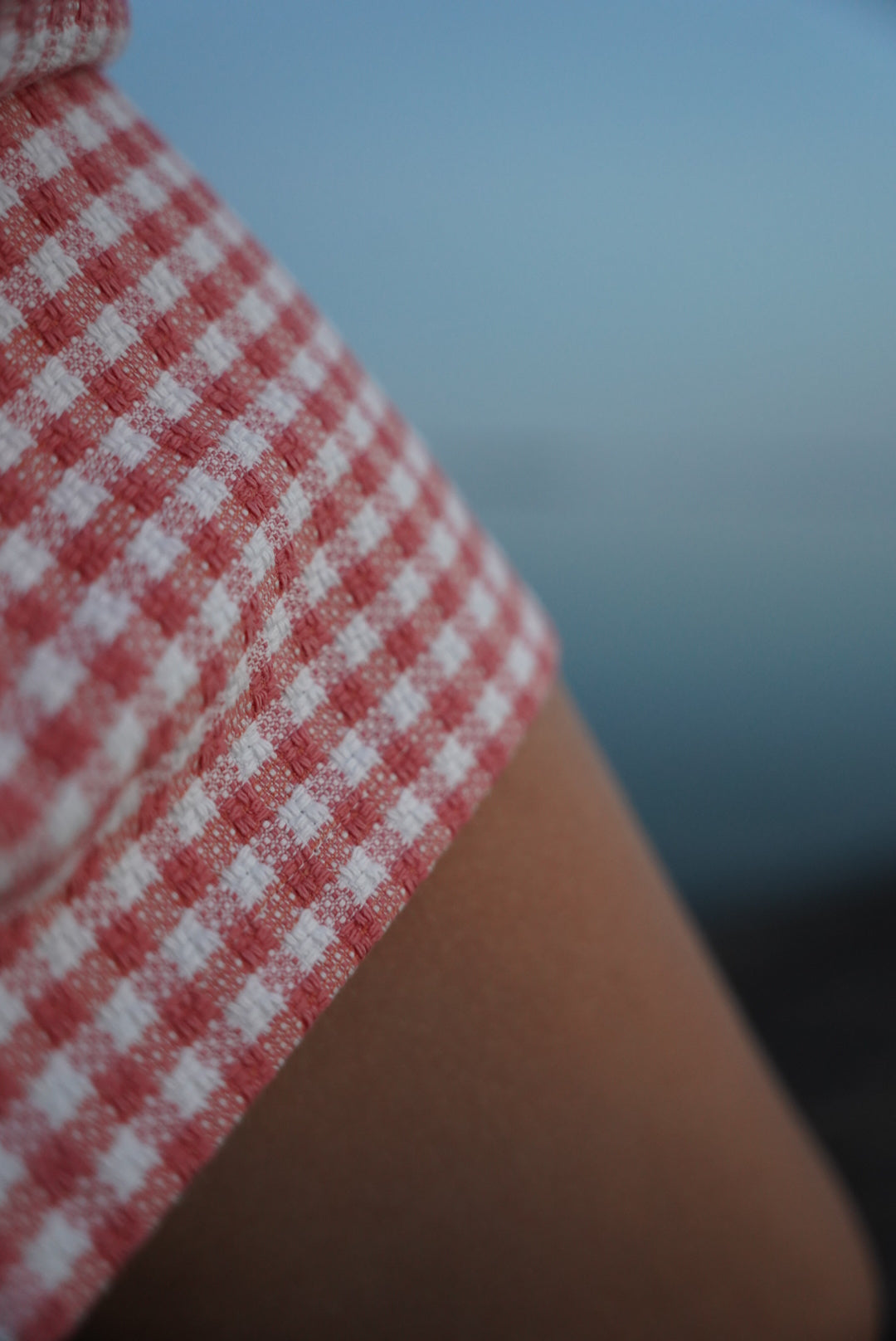 Square neck mini dress S - pink-white gingham cotton curtain