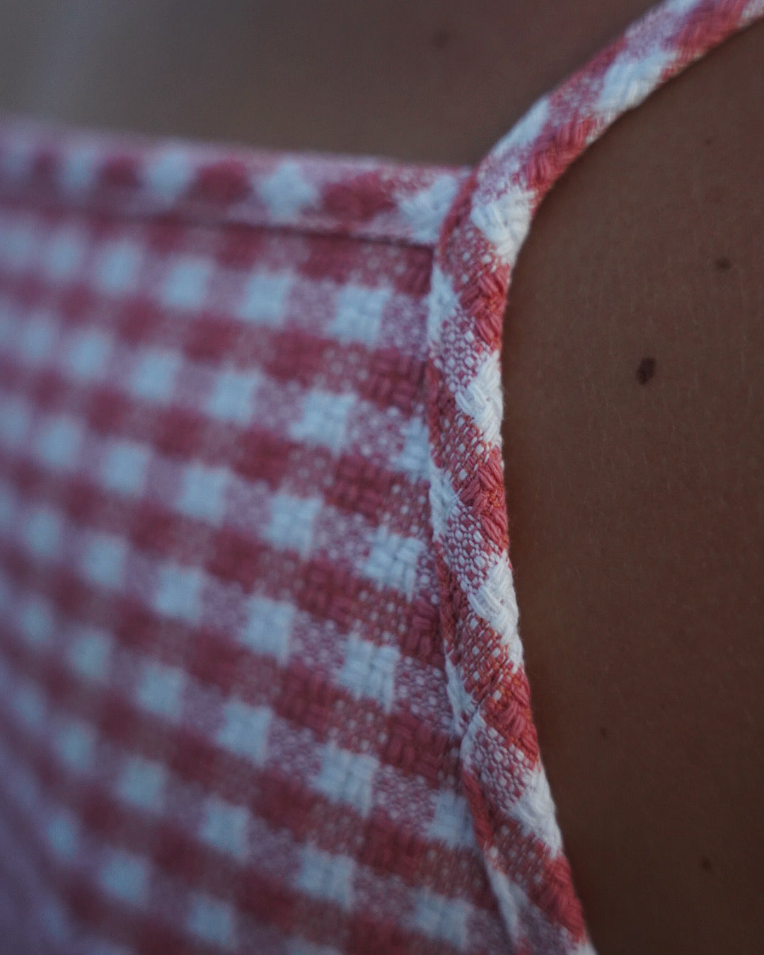 Square neck mini dress S - pink-white gingham cotton curtain