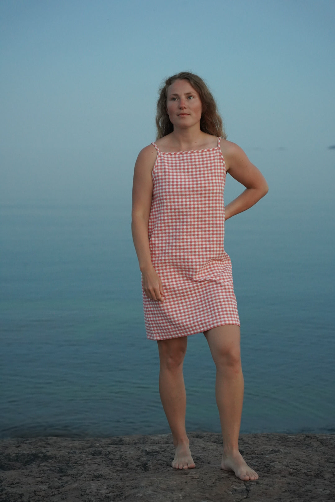 Square neck mini dress S - pink-white gingham cotton curtain