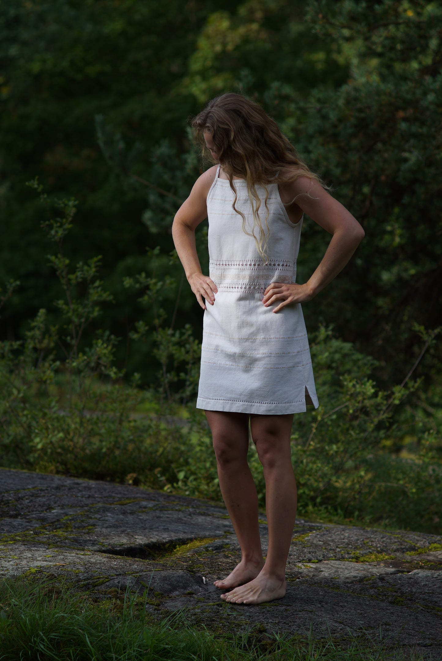 Square neck mini dress with side slits S - natural white tablecloth