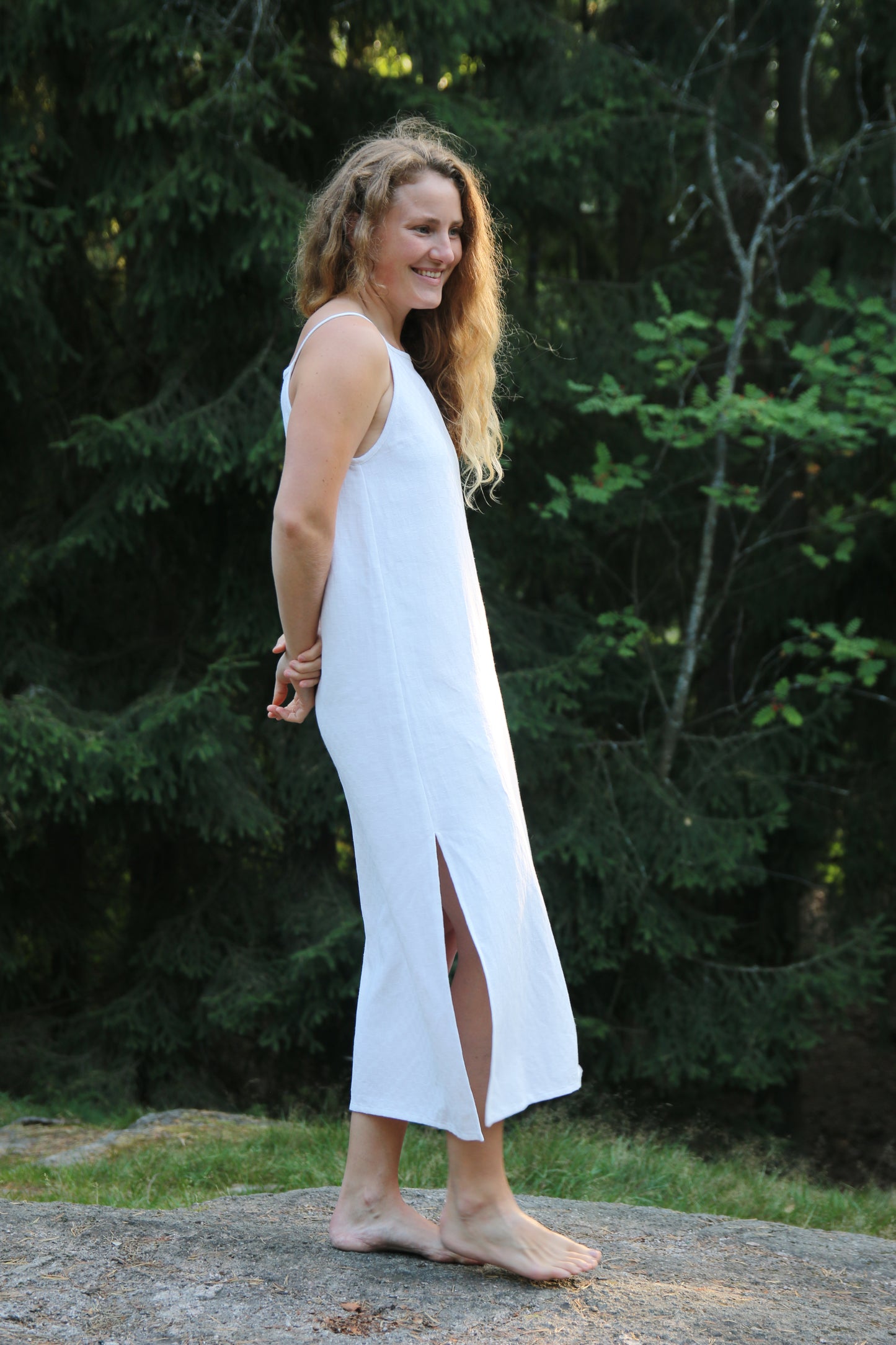 Square neck midi slit dress S - white checkered cotton-linen tablecloth