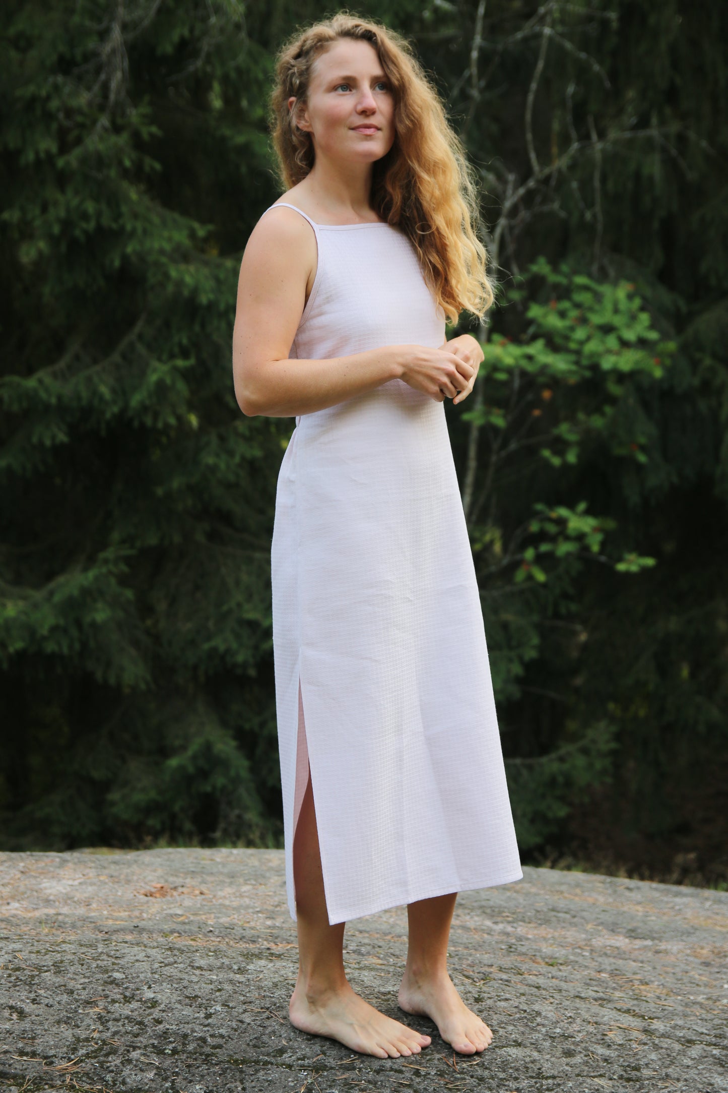 Square neck midi slit dress with elastic at the back S - blush pink tablecloth