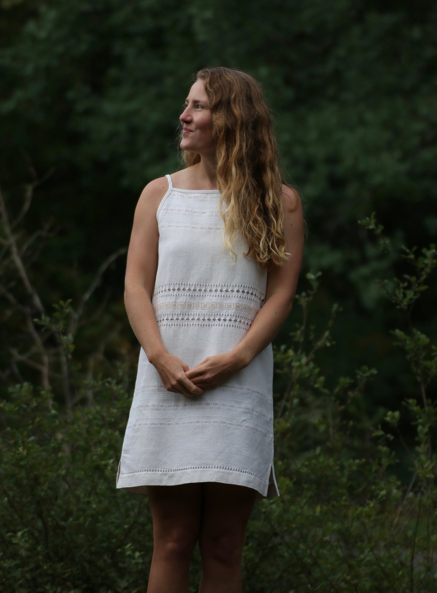 Square neck mini dress with side slits - natural white tablecloth