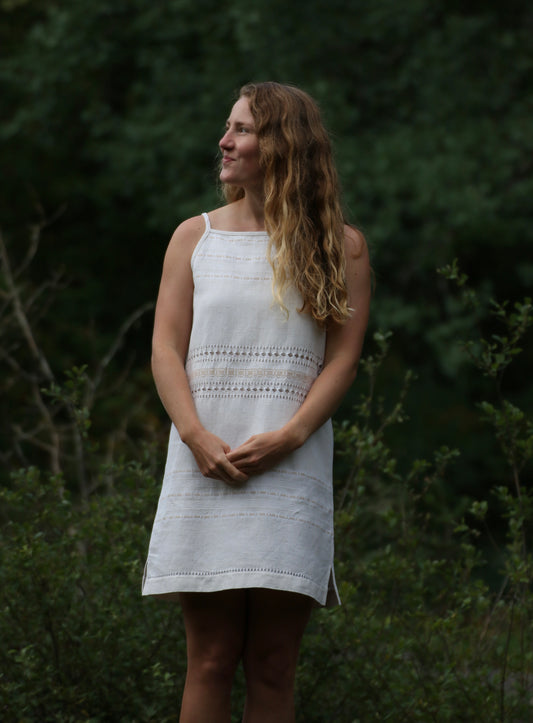 Square neck mini dress with side slits - natural white tablecloth