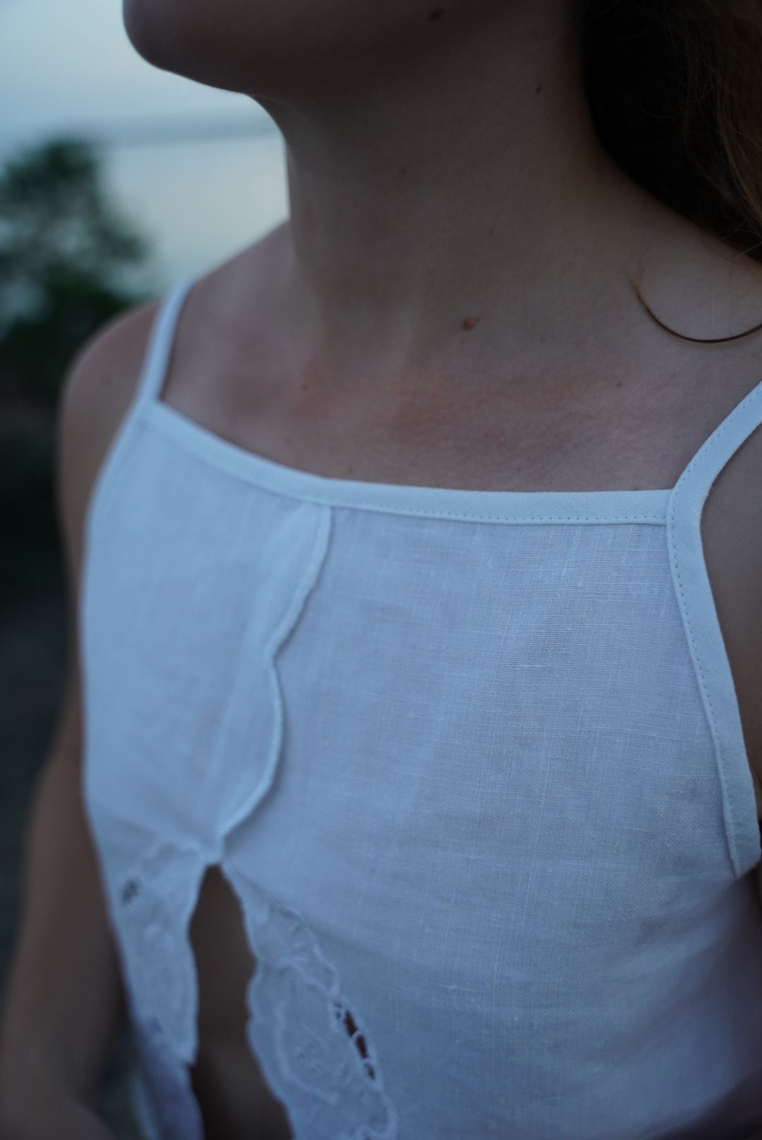 Square neck crop top - white embroidered linen tablecloth