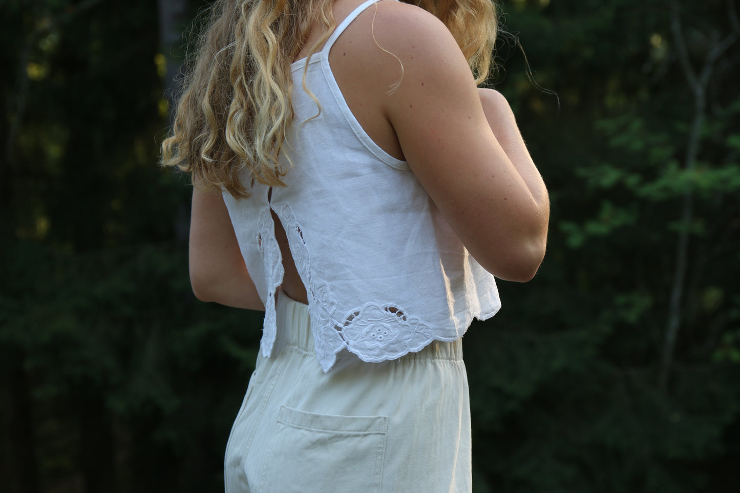 Square neck crop top - white embroidered linen tablecloth