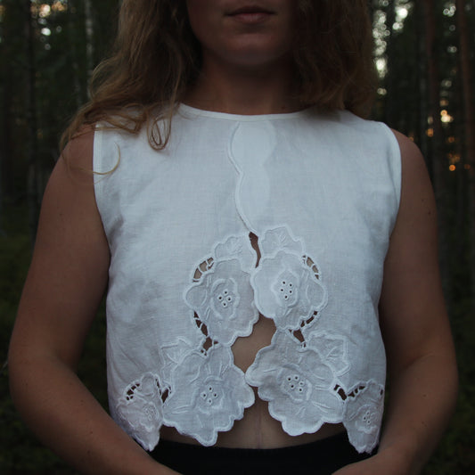 Crop top - white embroidered linen tablecloth