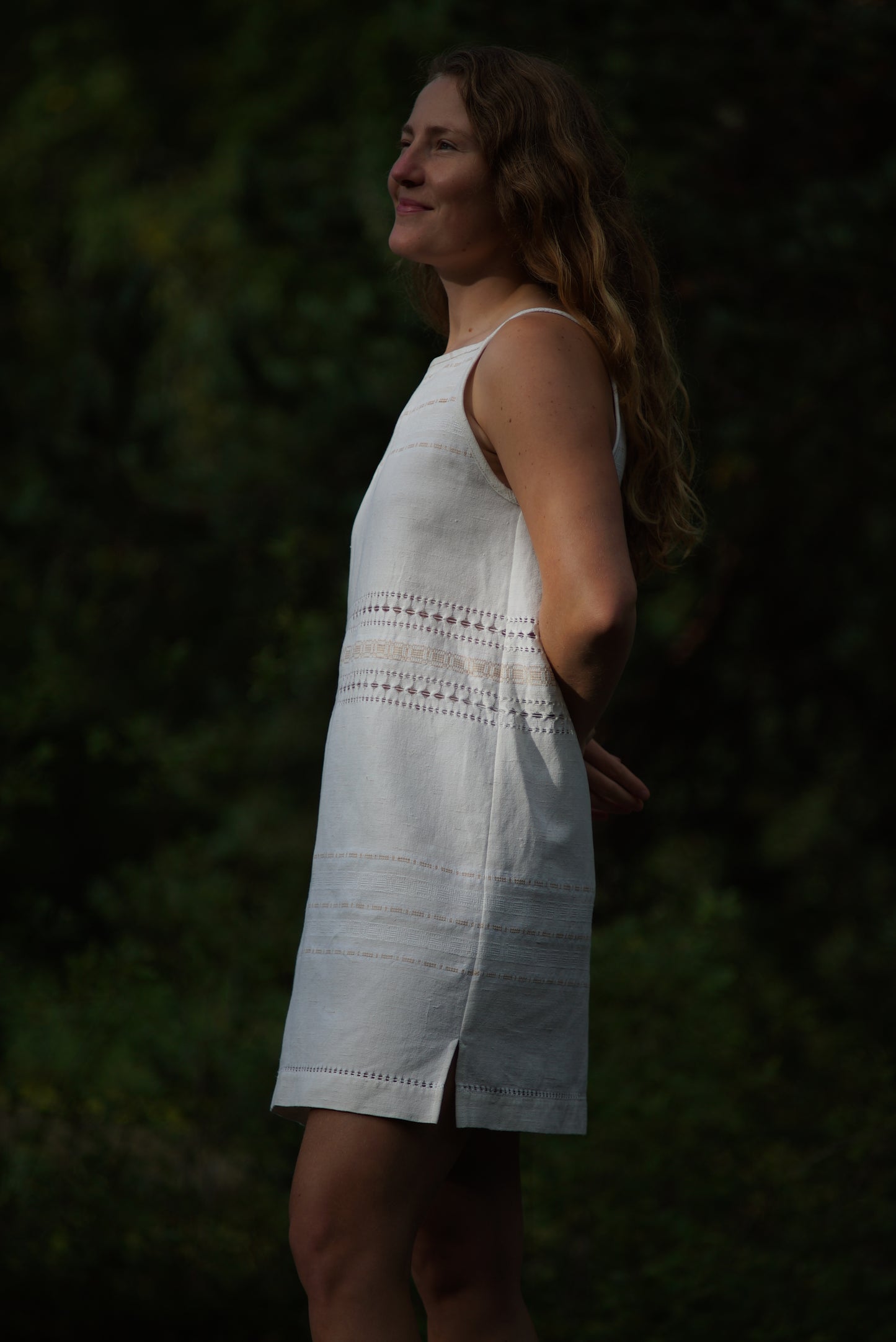 Square neck mini dress with side slits - natural white tablecloth