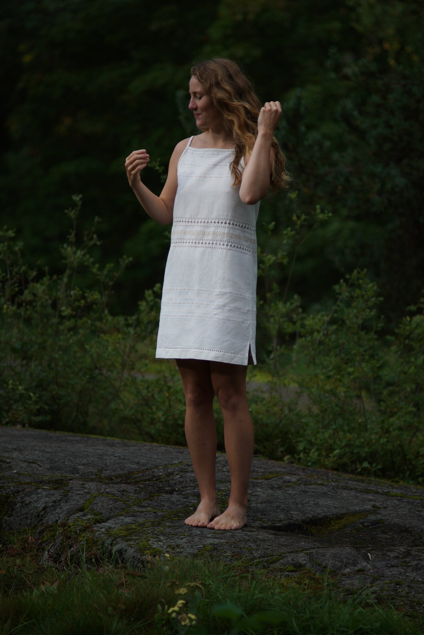 Square neck mini dress with side slits - natural white tablecloth