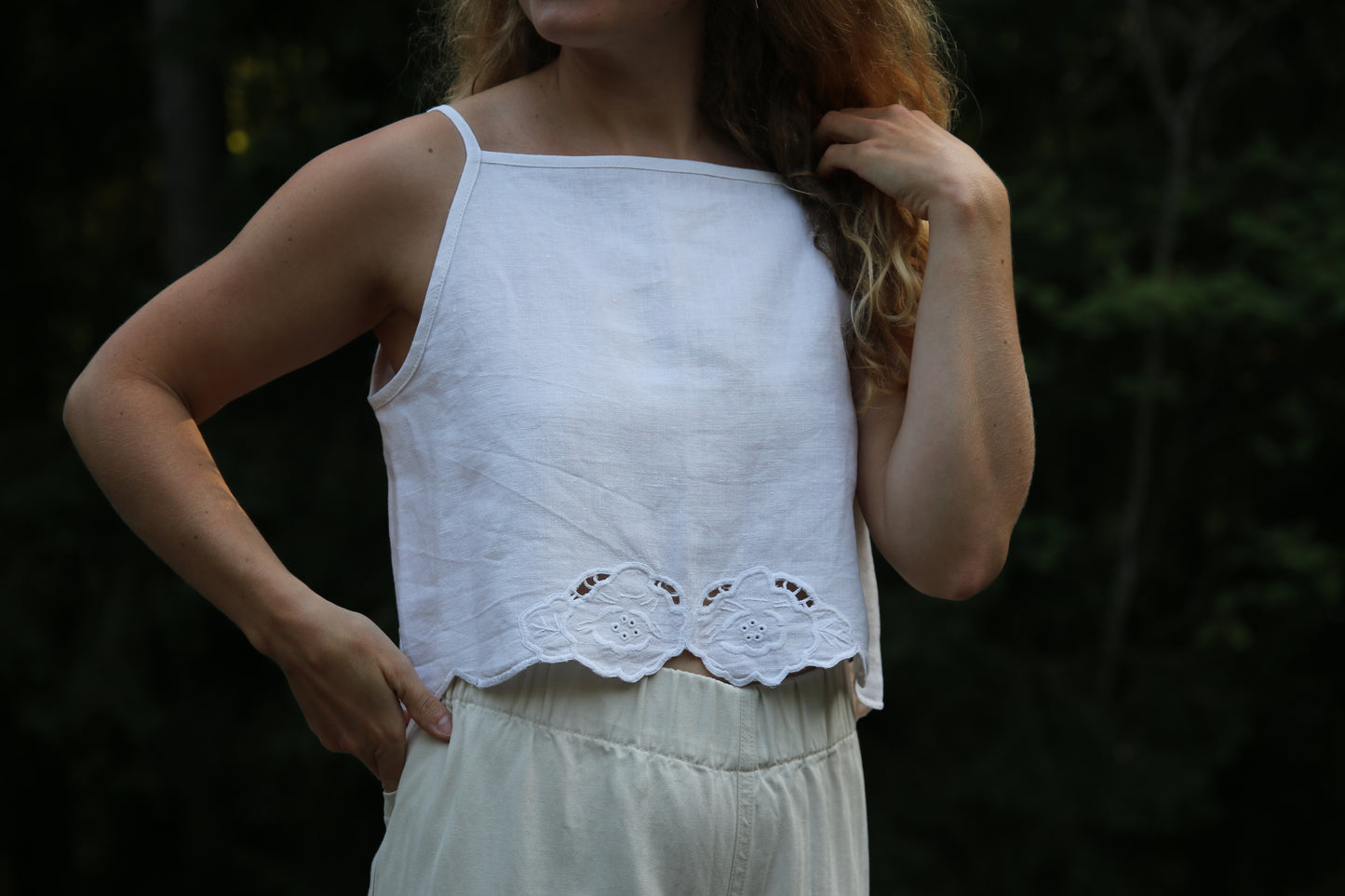 Square neck crop top - white embroidered linen tablecloth