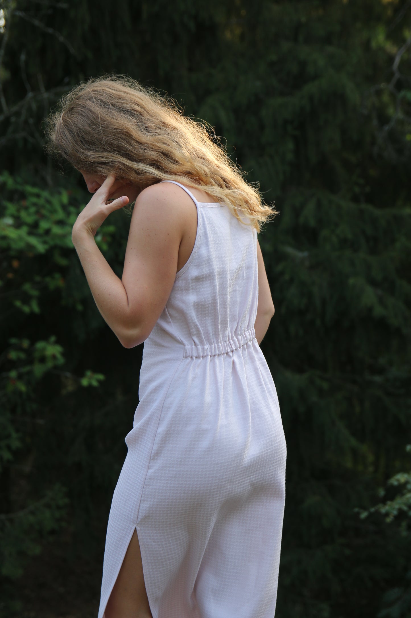 Square neck midi slit dress with elastic at the back - blush pink tablecloth