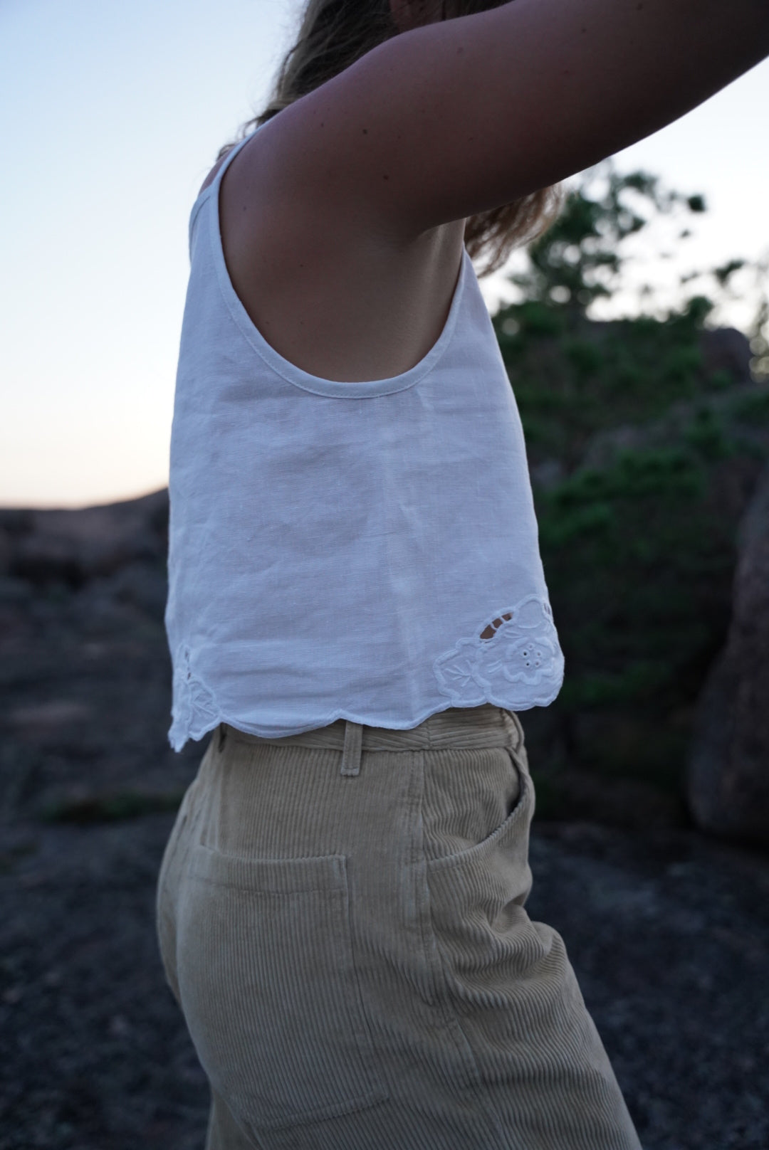 Square neck crop top - white embroidered linen tablecloth