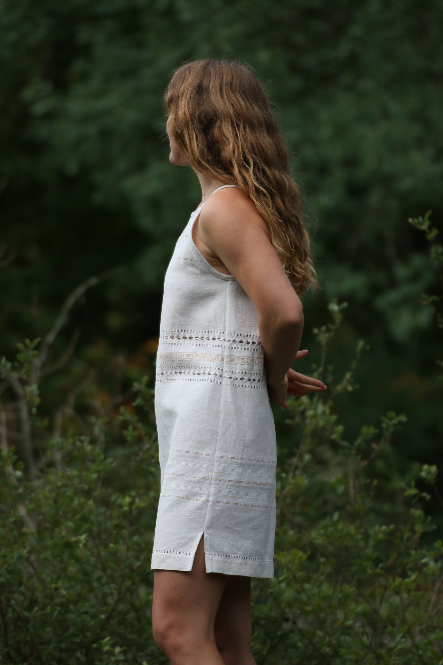 Square neck mini dress with side slits - natural white tablecloth