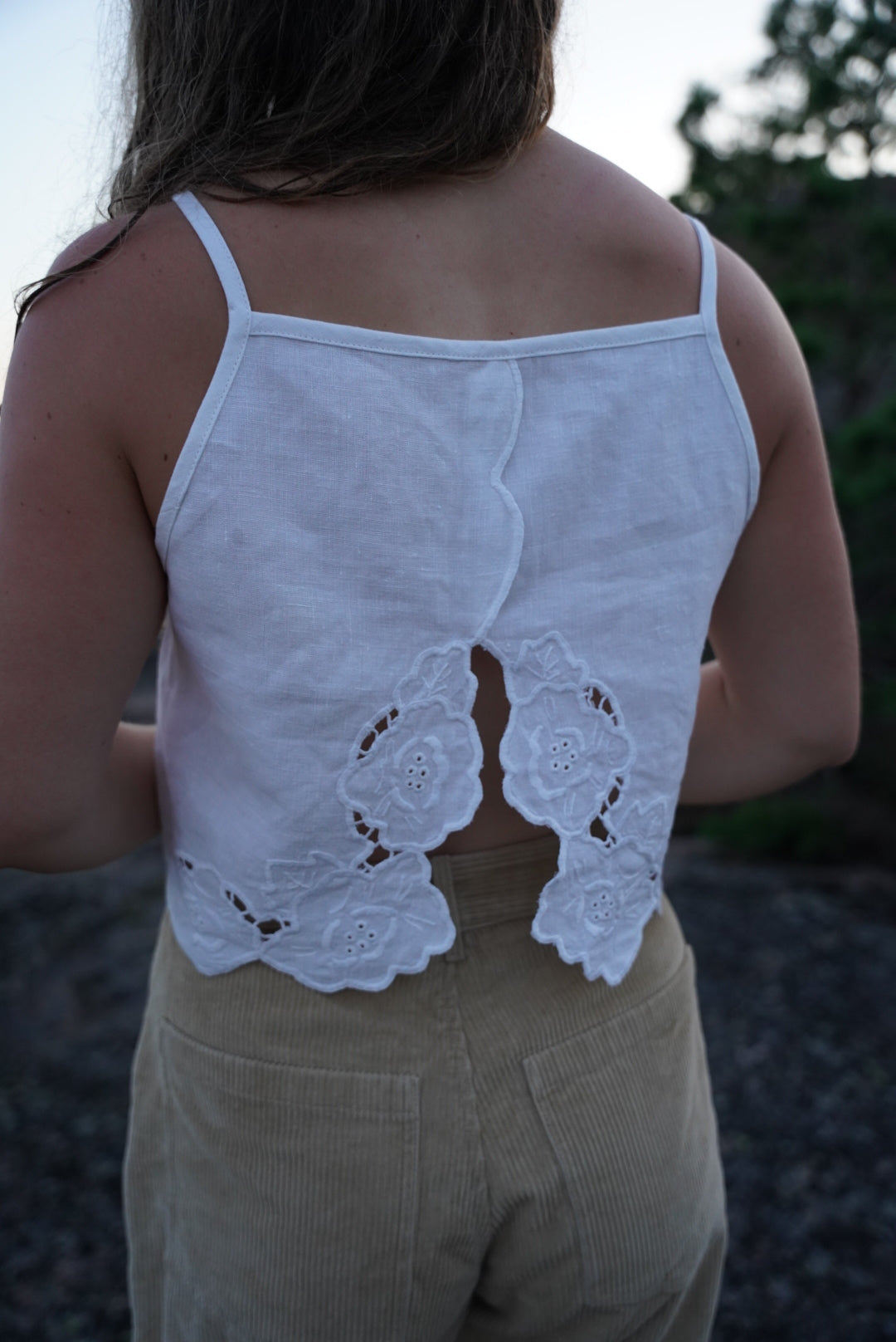 Square neck crop top - white embroidered linen tablecloth