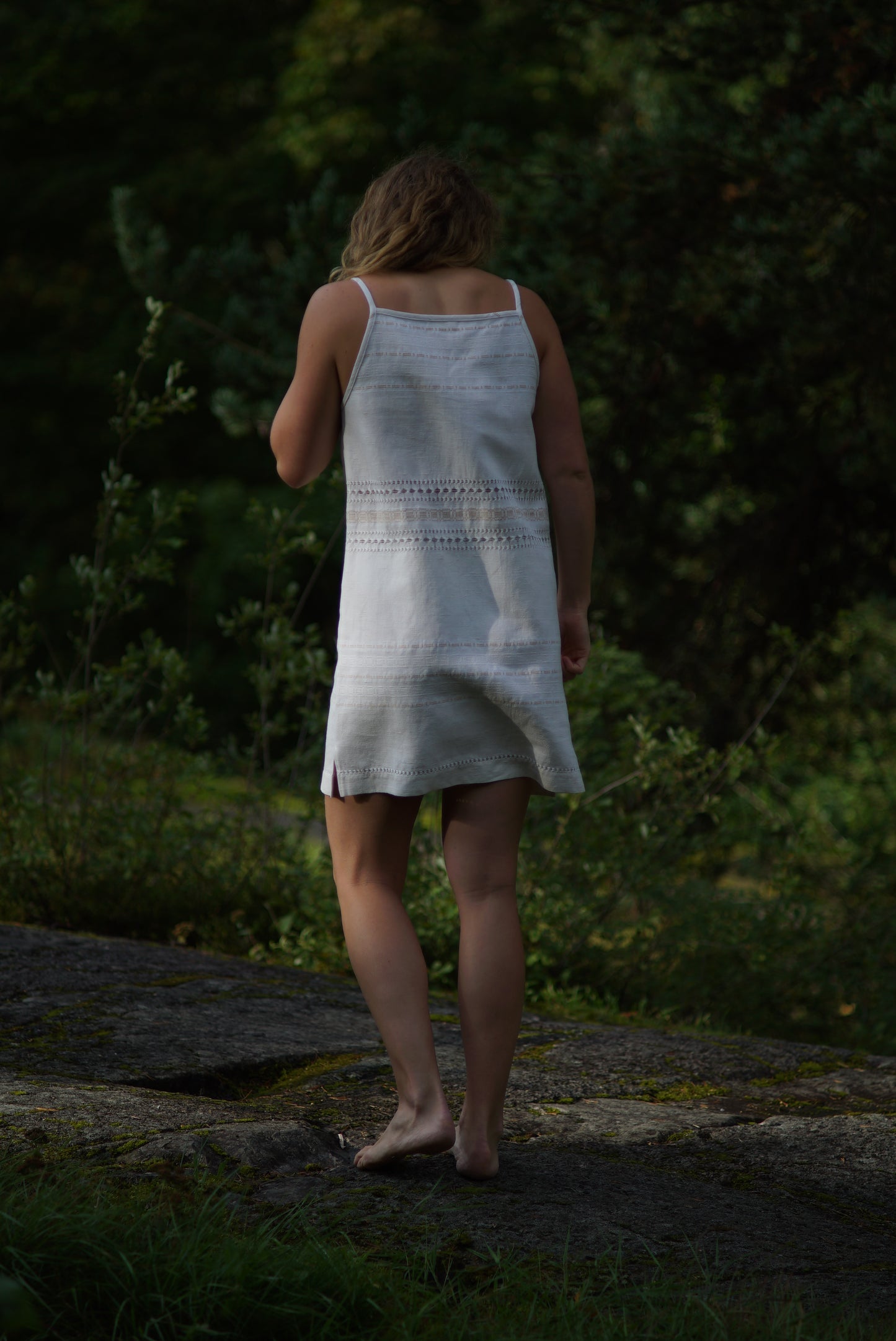 Square neck mini dress with side slits - natural white tablecloth