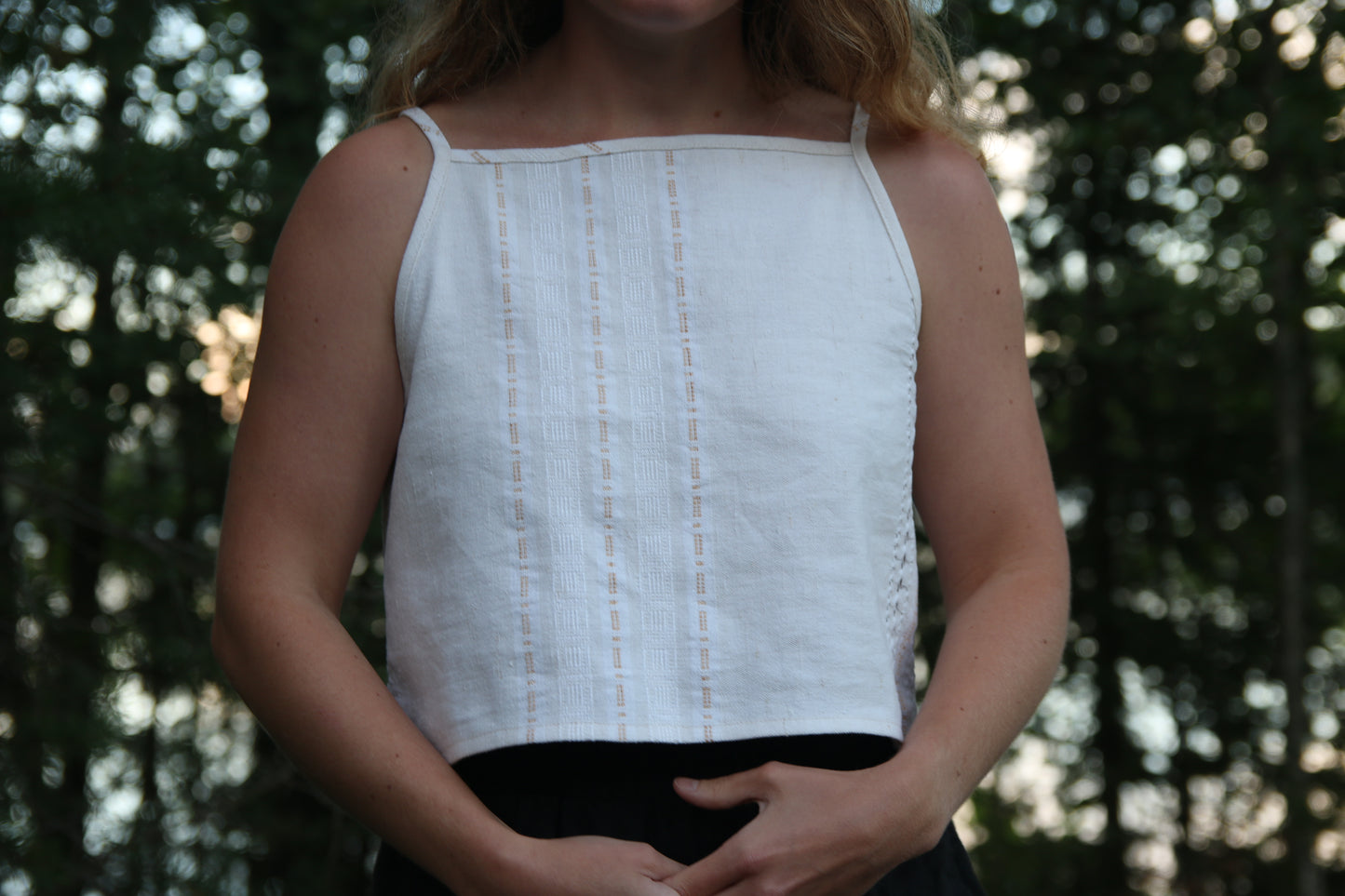 Square neck crop top with back slit - natural white tablecloth