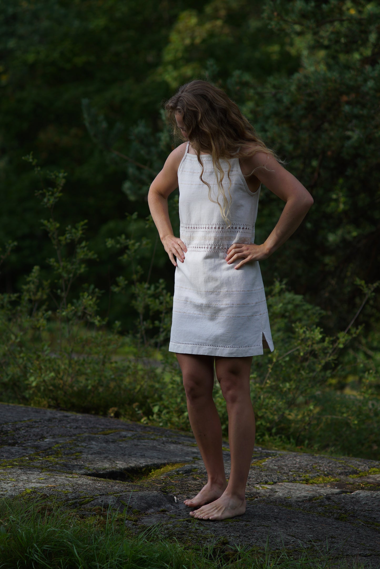 Square neck mini dress with side slits - natural white tablecloth