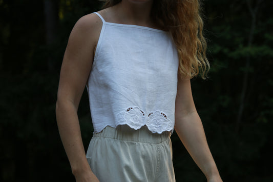 Square neck crop top - white embroidered linen tablecloth